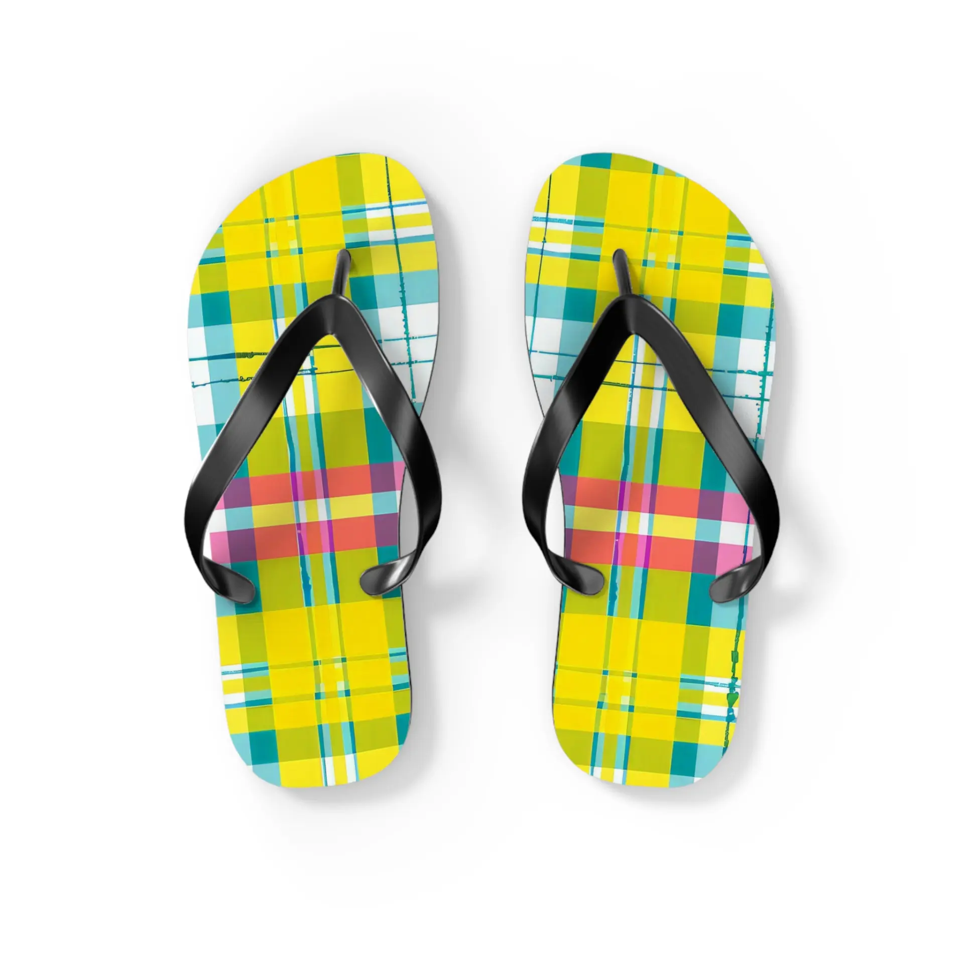 Yellow Green plaid flip flops